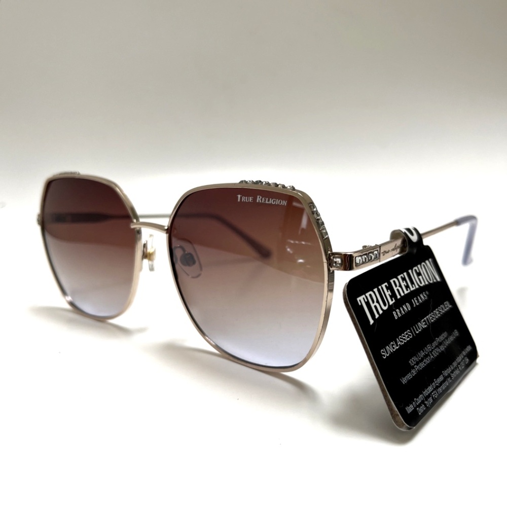 New TRUE RELIGION Square Rhinestone Sunglasses Metal Gold Brown Blue Lens